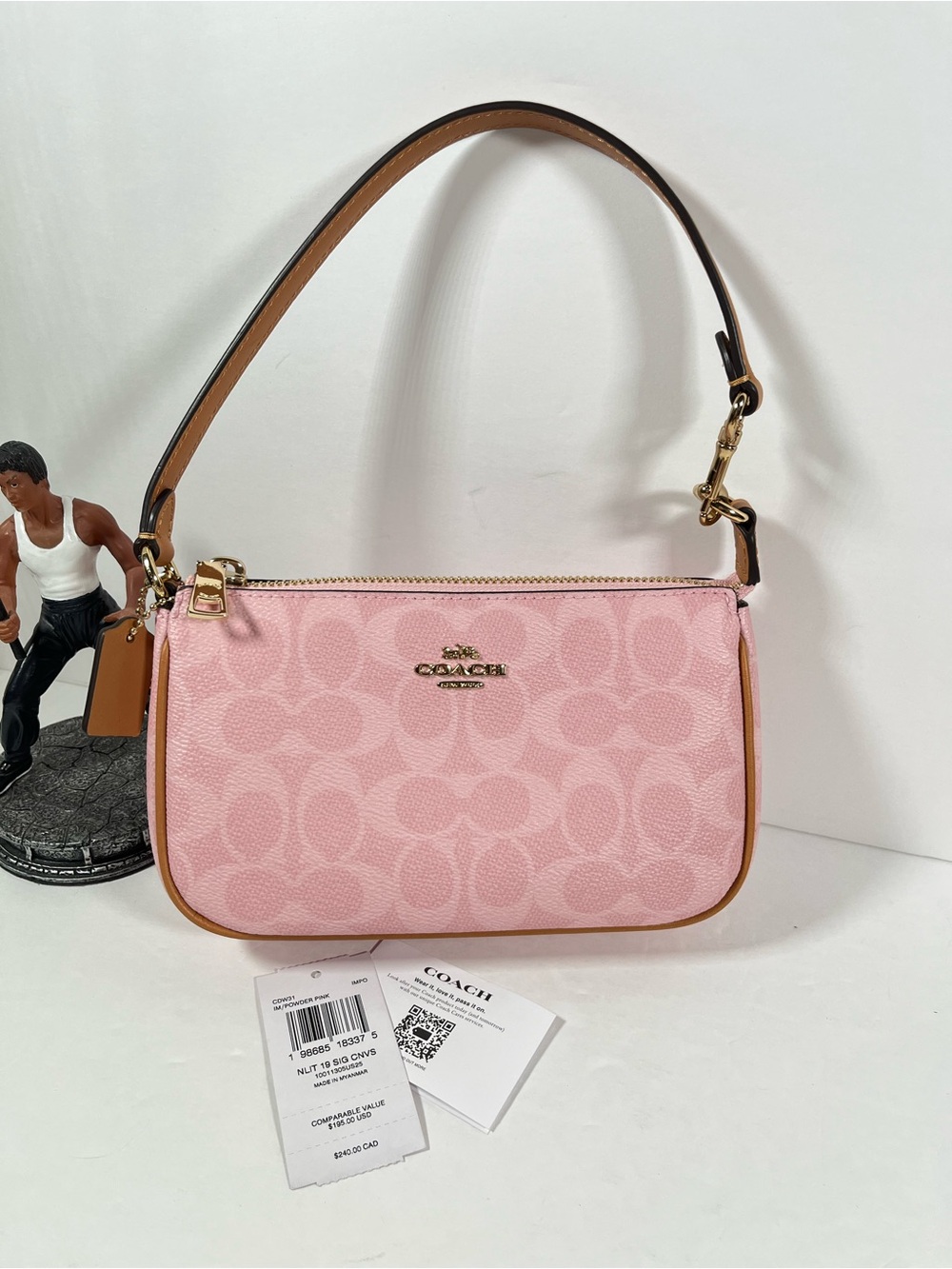 Coach Nolita 19 In Signature Canvas Gold/Powder Pink NWT